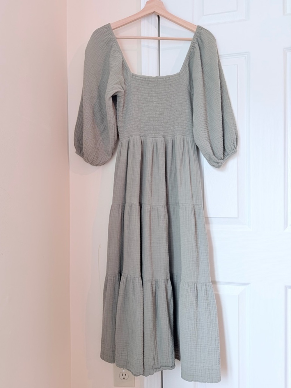 Smocked Square-Neck Maxi Dress in Sage Green